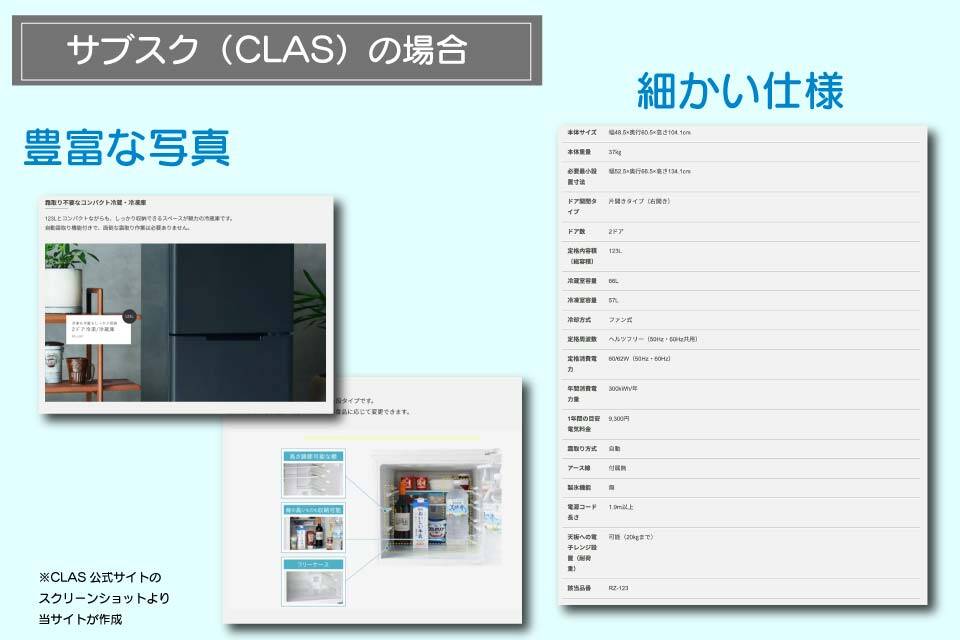「CLAS」の家電サブスク。冷蔵庫の例。