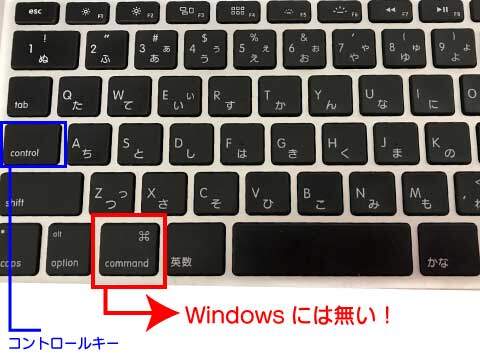 MacにはWindowsに存在しないコマンドキーがある。Windowsにもあるコントロールキーもあるのでショートカットキーの使い方で多少混乱するかもしれない（他にオプションキーというのもMac特有）。